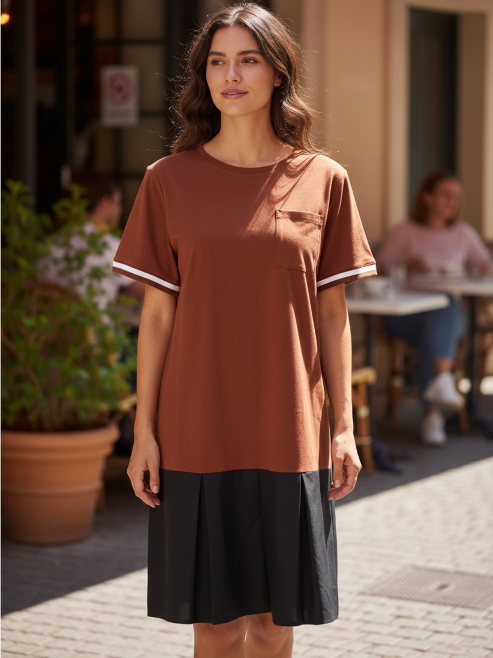 Riva Woman Jersey Knit cotton color block pleated shirt Dress Size Medium